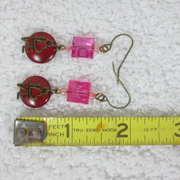 Handcrafted Pierced Earrings Beaded Pink Red Love Heart Graphic Sparkle Dangle - Picture 6 of 10